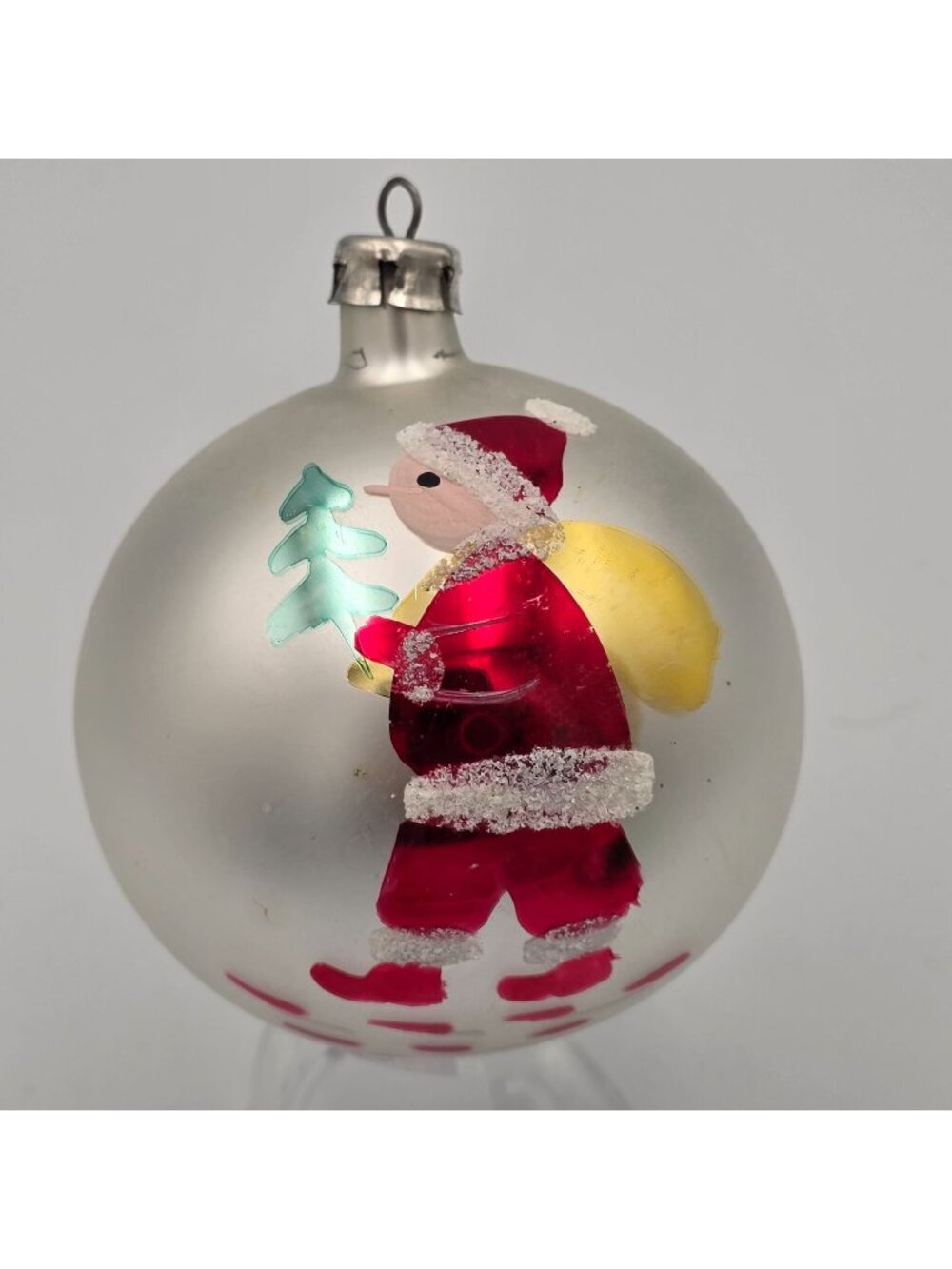 Vintage Hand-Painted Glass Christmas Ornament Santa & Tree Design 3" Silver Red